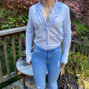 J. Crew buttondown v neck longsleeve shirt white with navy pinstripes size small